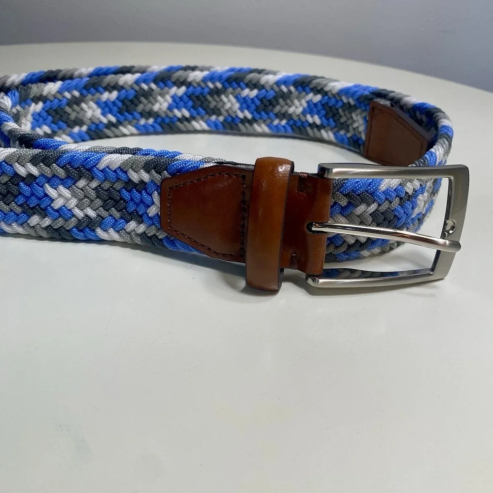Men's Italian‎ Leather Multi Braided Woven Belt Blue White Grey Sz 40